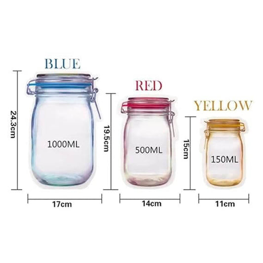 3 pcs jar set bag Food Storage Mason Jar Zipper Bags for Fridge Storage Bottle Shape Storage Pouch Containers for Fresh Nuts Candy Cookies Snacks (3-Different Size)