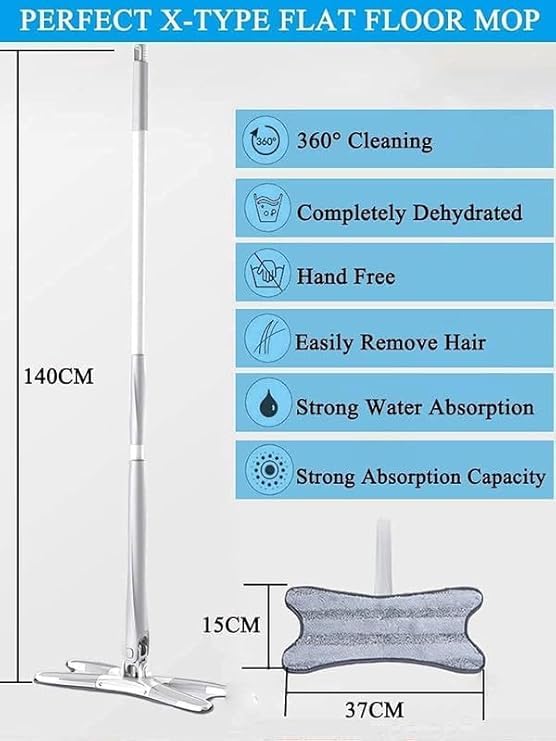 X Mop with 360 Degree Rotating Dual Sided Head. Super Absorbent Microfibre Pads. Self Wringing Squeeze Mop. Telescopic Extendable Long Handle. Reusable Microfiber. All Floor Cleaning. Wet & Dry Use.
