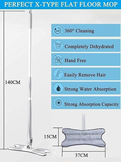 X Mop with 360 Degree Rotating Dual Sided Head. Super Absorbent Microfibre Pads. Self Wringing Squeeze Mop. Telescopic Extendable Long Handle. Reusable Microfiber. All Floor Cleaning. Wet & Dry Use.