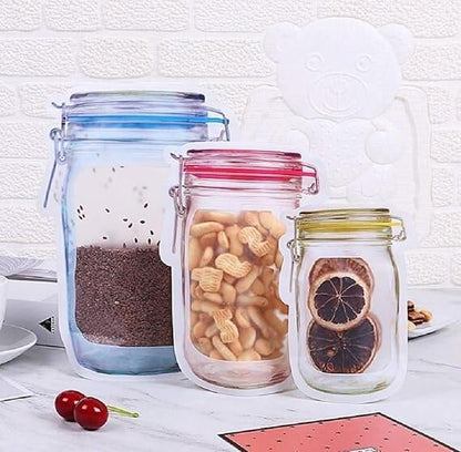 3 pcs jar set bag Food Storage Mason Jar Zipper Bags for Fridge Storage Bottle Shape Storage Pouch Containers for Fresh Nuts Candy Cookies Snacks (3-Different Size)