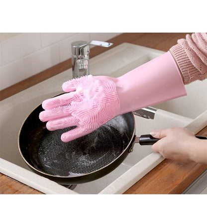 Magic Silicone Dishwashing Gloves – Reusable Cleaning Gloves with Scrubbing Bristles for Kitchen, Bathroom, Pet Grooming