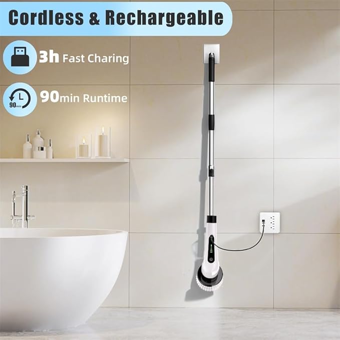 9 in 1 Electric Spin Scrubber – Cordless Electric Cleaning Brush for Home & Bathroom | Adjustable Handle, 8 Brush Heads | Powerful House Cleaning Product & Bathroom Cleaning Accessory (White)