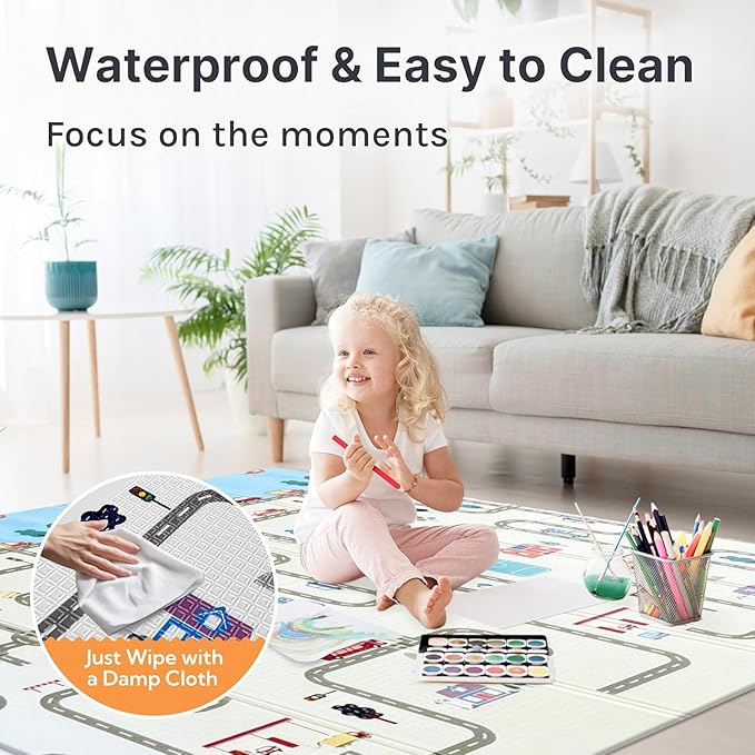 Baby Folding Mat Play Foam Crawl Waterproof Portable Kids Baby Toddler Outdoor Or Indoor Use (Blue Road), 1.5