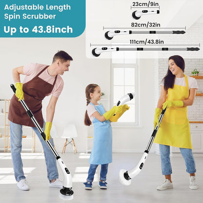 9 in 1 Electric Spin Scrubber – Cordless Electric Cleaning Brush for Home & Bathroom | Adjustable Handle, 8 Brush Heads | Powerful House Cleaning Product & Bathroom Cleaning Accessory (White)