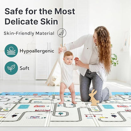 Baby Folding Mat Play Foam Crawl Waterproof Portable Kids Baby Toddler Outdoor Or Indoor Use (Blue Road), 1.5