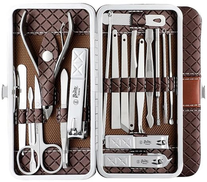 Manicure Pedicure 16 Tools Set Nail Clippers Stainless Steel Professional Nail Scissors Grooming Kits, Nail Tools with Leather Case