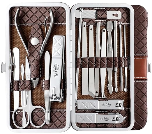 Manicure Pedicure 16 Tools Set Nail Clippers Stainless Steel Professional Nail Scissors Grooming Kits, Nail Tools with Leather Case