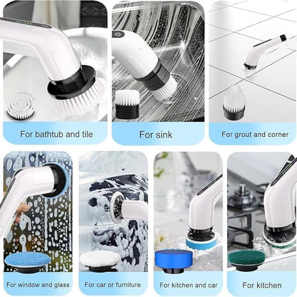 9 in 1 Electric Spin Scrubber – Cordless Electric Cleaning Brush for Home & Bathroom | Adjustable Handle, 8 Brush Heads | Powerful House Cleaning Product & Bathroom Cleaning Accessory (White)