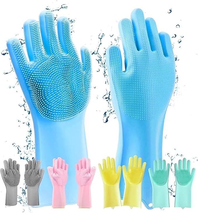 Magic Silicone Dishwashing Gloves – Reusable Cleaning Gloves with Scrubbing Bristles for Kitchen, Bathroom, Pet Grooming