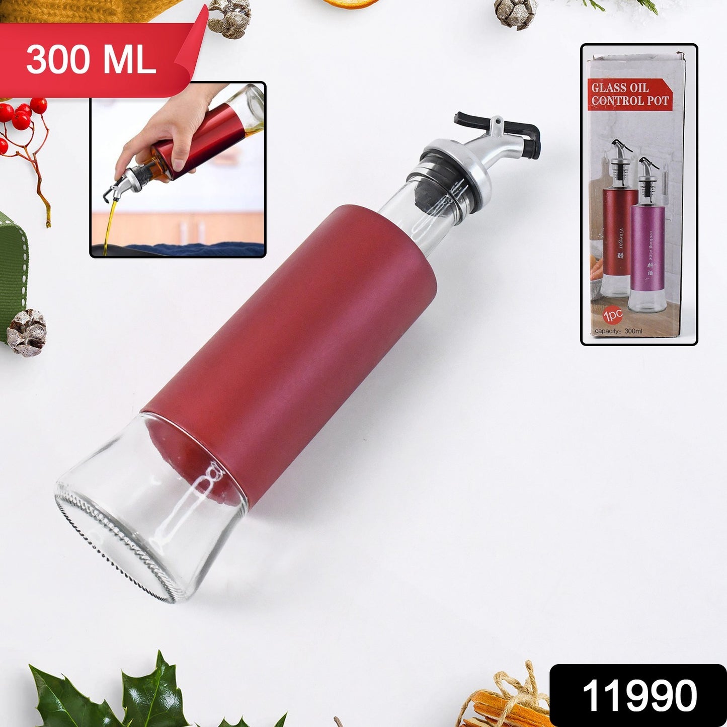 Glass Oil Dispenser With Plastic Covering Oil And Vinegar Bottle (300 Ml)