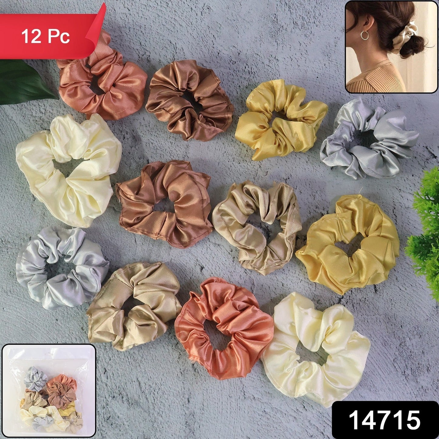 Premium Satin Hair Scrunchies Elastic Hair Ties For Women Girls (12 Pc) - click & collect