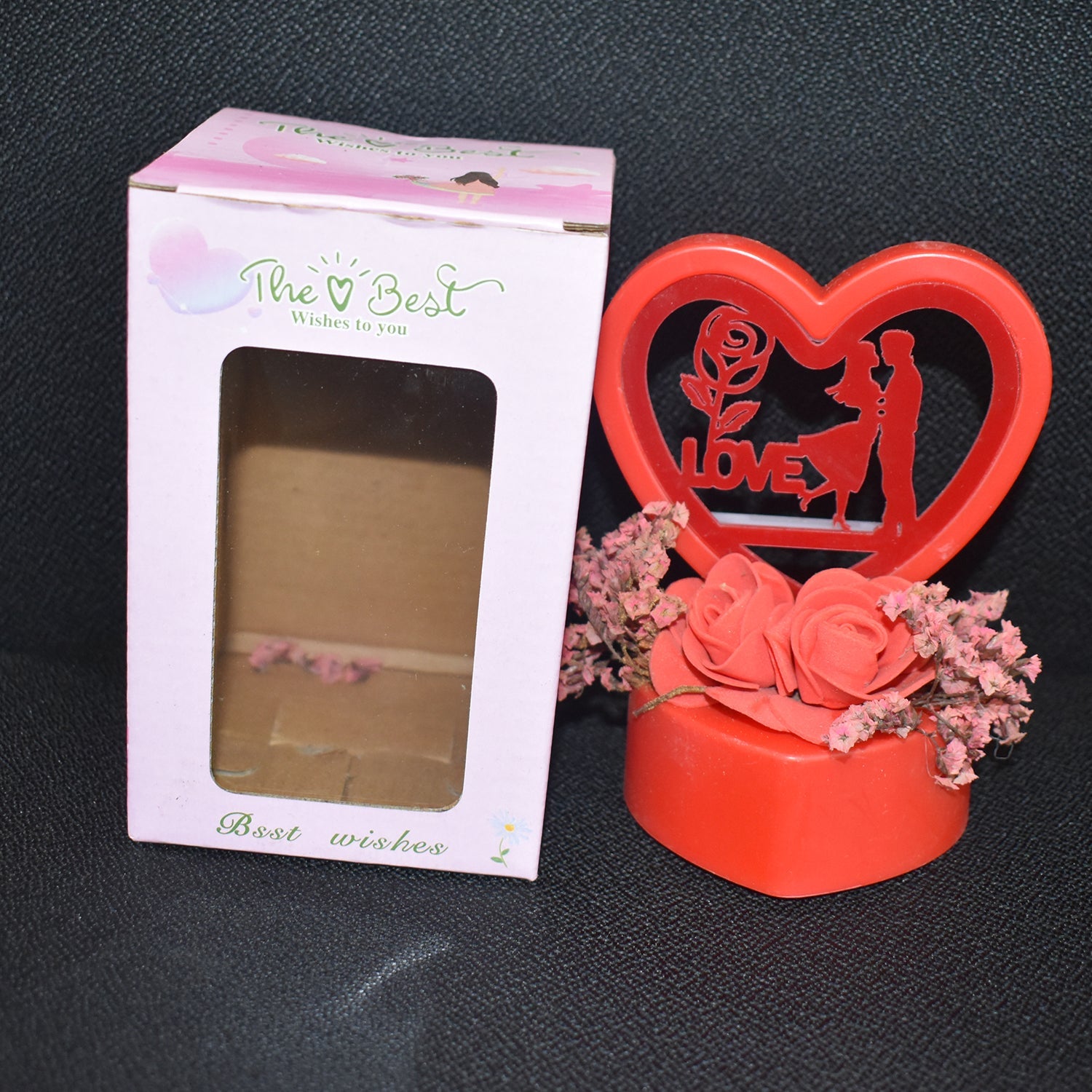 Romantic Heart - shaped Love Couple Decorative Showpiece With Rose Base (1 Pc) - click & collect