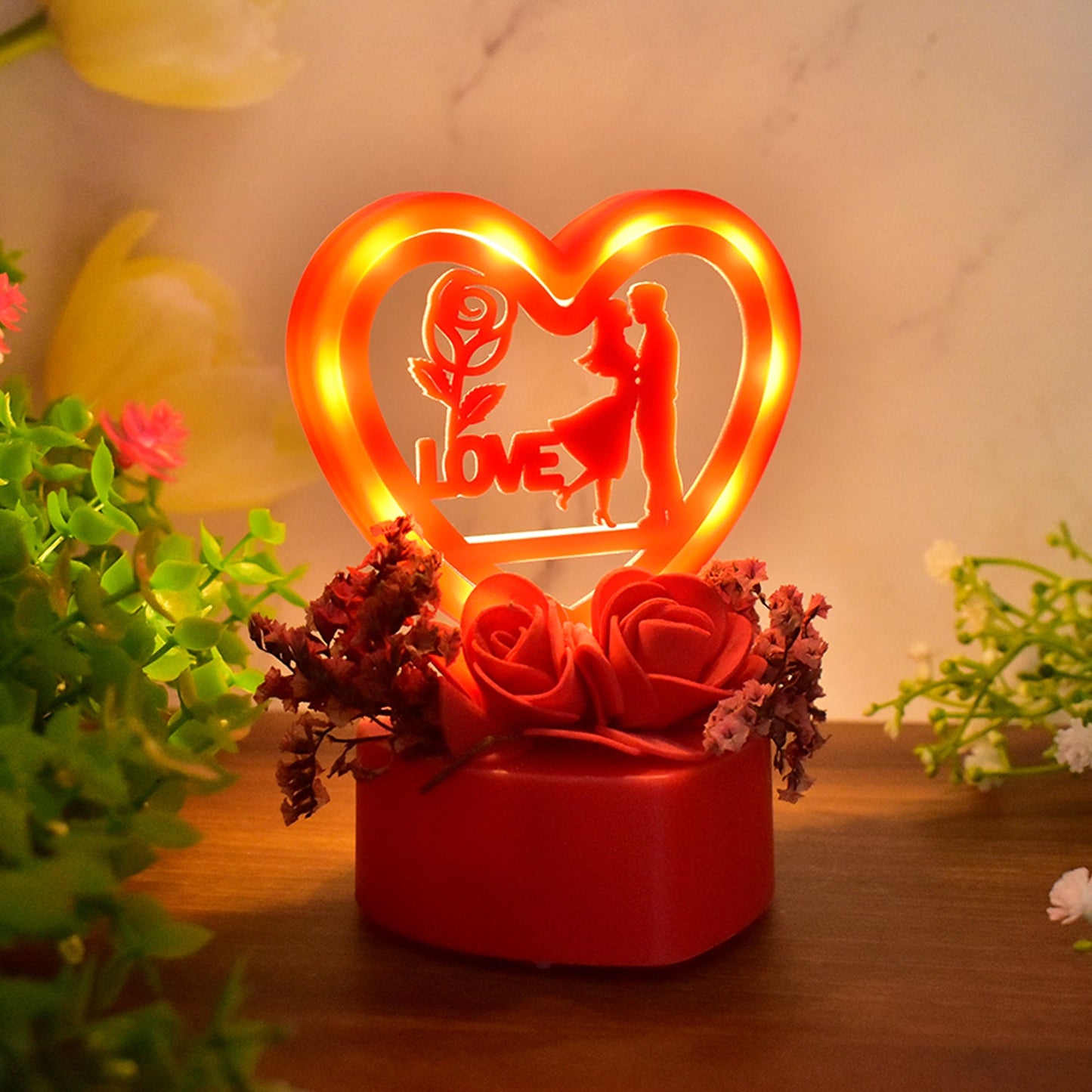 Romantic Heart - shaped Love Couple Decorative Showpiece With Rose Base (1 Pc) - click & collect